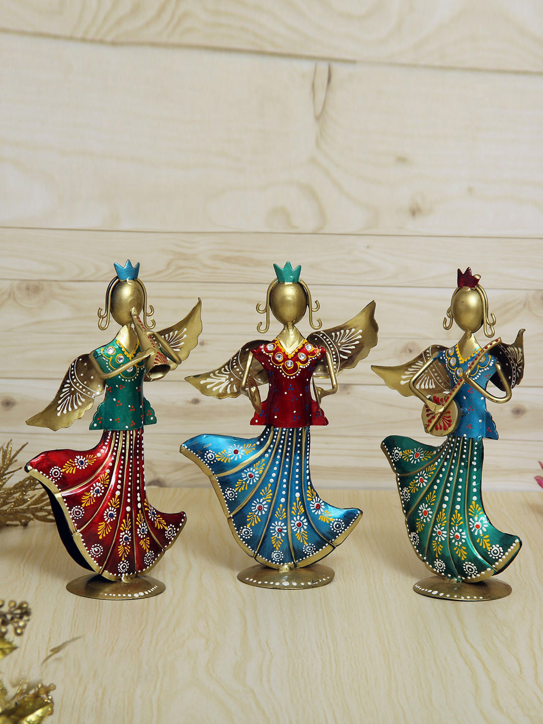 HANDICRAFTS PARADISE Musical Angels Red Metal Metallic Living Room Set of 3 Medium Showpieces - 4 Inches