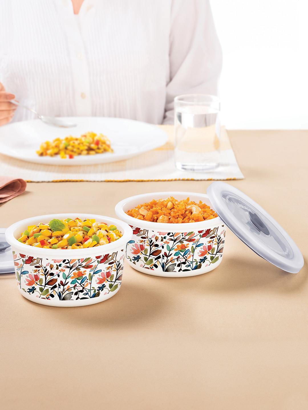 Larah by BOROSIL 2-Pcs Printed Opalware Storage Container with Air Tight Lid