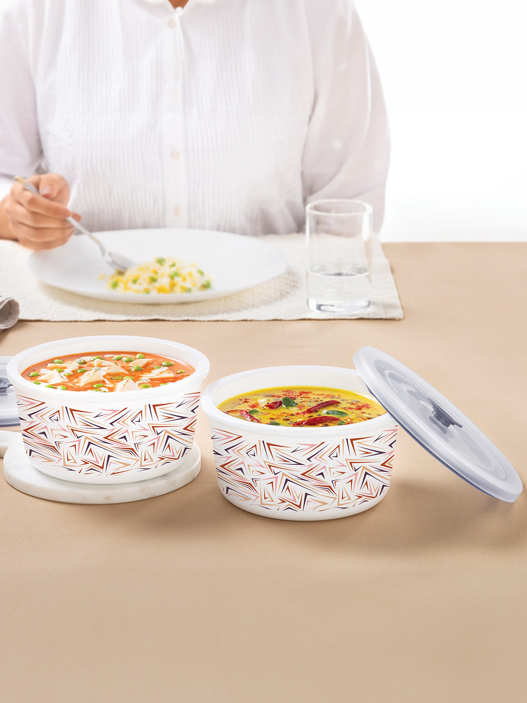 Larah by BOROSIL White 2 Pieces Printed Storage Containers With Air Tight Lid 800 Ml