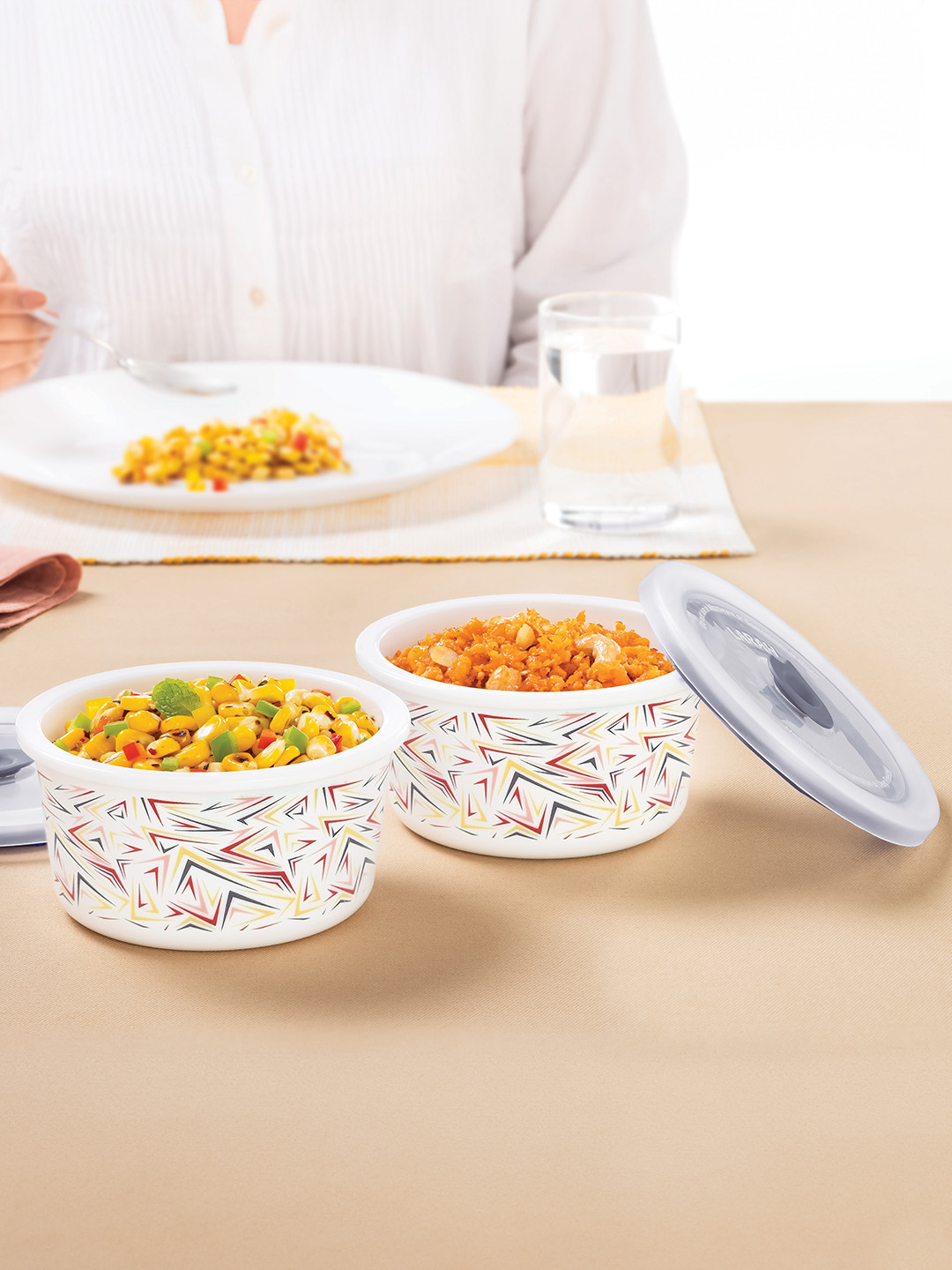 Larah by BOROSIL 2 Pieces Printed Opalware Glass Kitchen Storage With Air Tight Lid