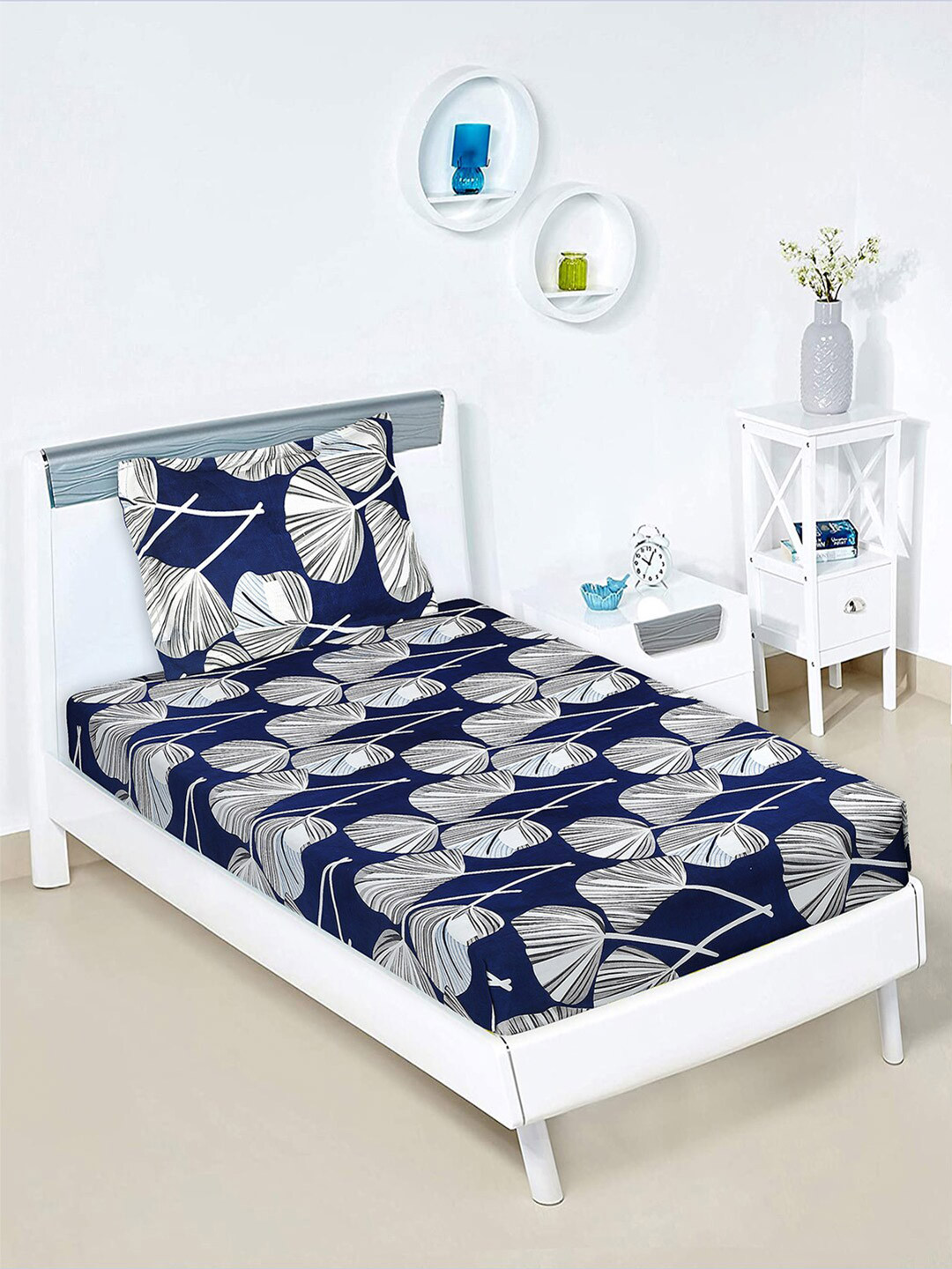 Kuber Industries Blue Floral Cotton Wrinkle Free 120 TC Single Bedsheet with a Pillow Cover-90 x 60 inches