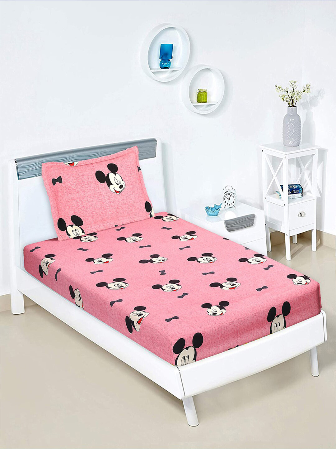 Kuber Industries Pink Cartoon Characters Cotton Breathable 120 TC Single Bedsheet with a Pillow Cover-89 x 60 inches