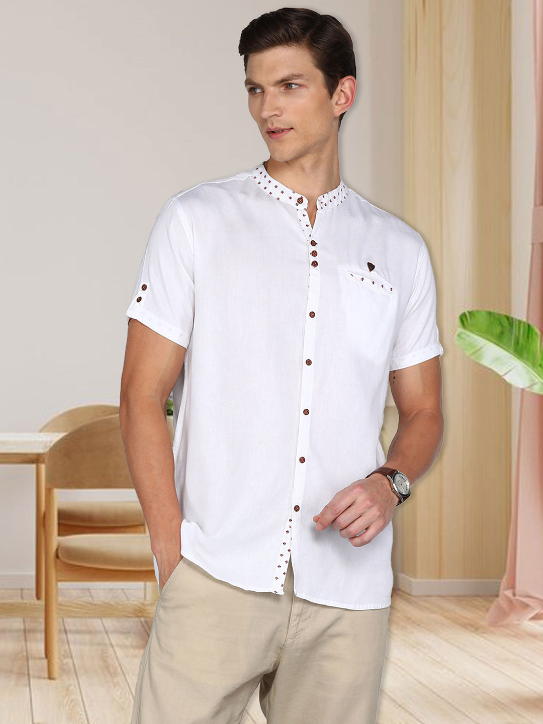 Kuons Avenue Slim Fit Smart Band Collar Linen Cotton Casual Shirt