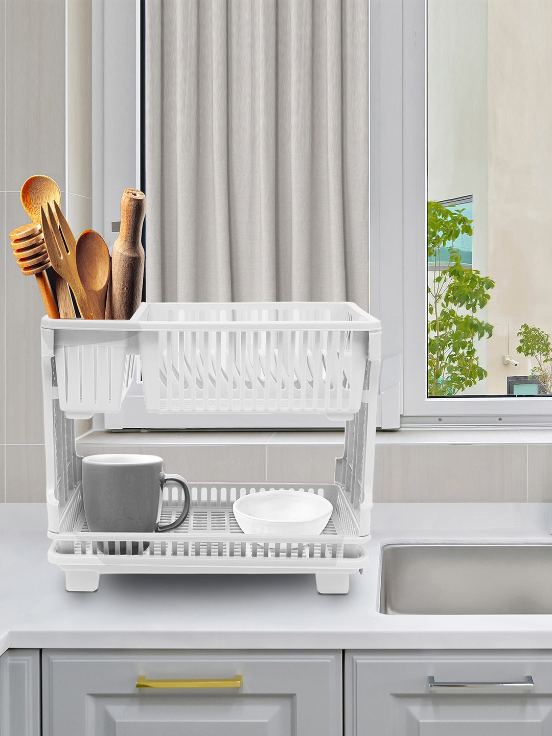 Kuber Industries Plastic Kitchen Dish Rack with Drainer Drying Rack White