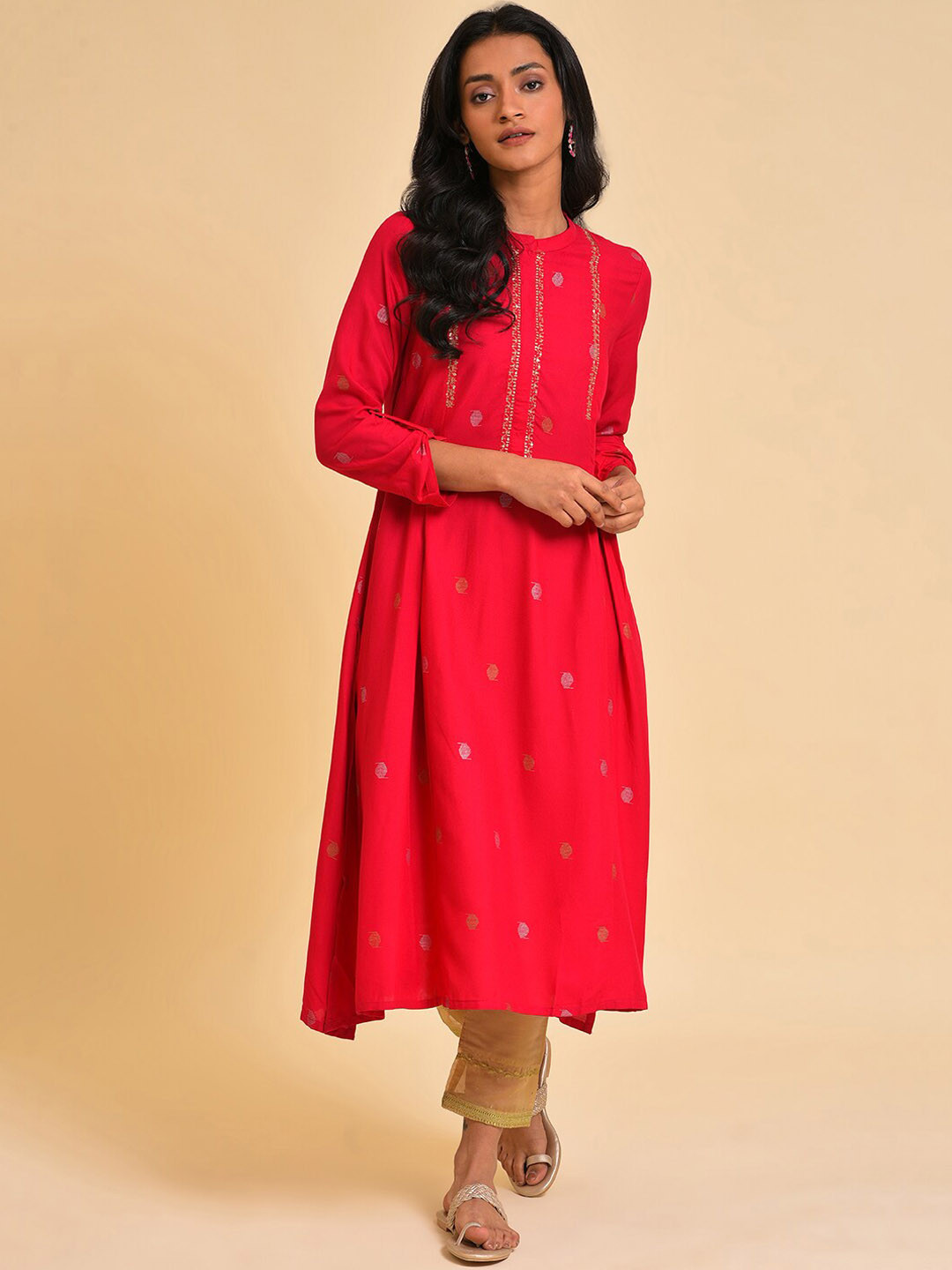 W Red Ethnic Motifs Woven Design Sequinned A-Line Kurta With Trousers