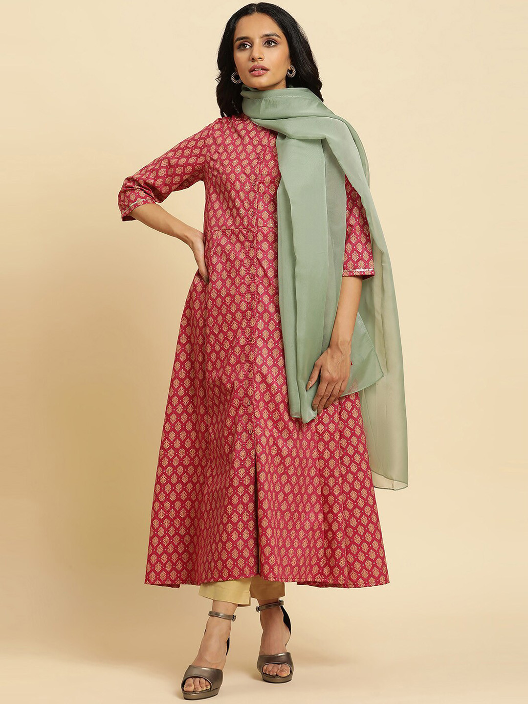 W Floral Print Shantung Kurta With Slim Pant & Dupatta