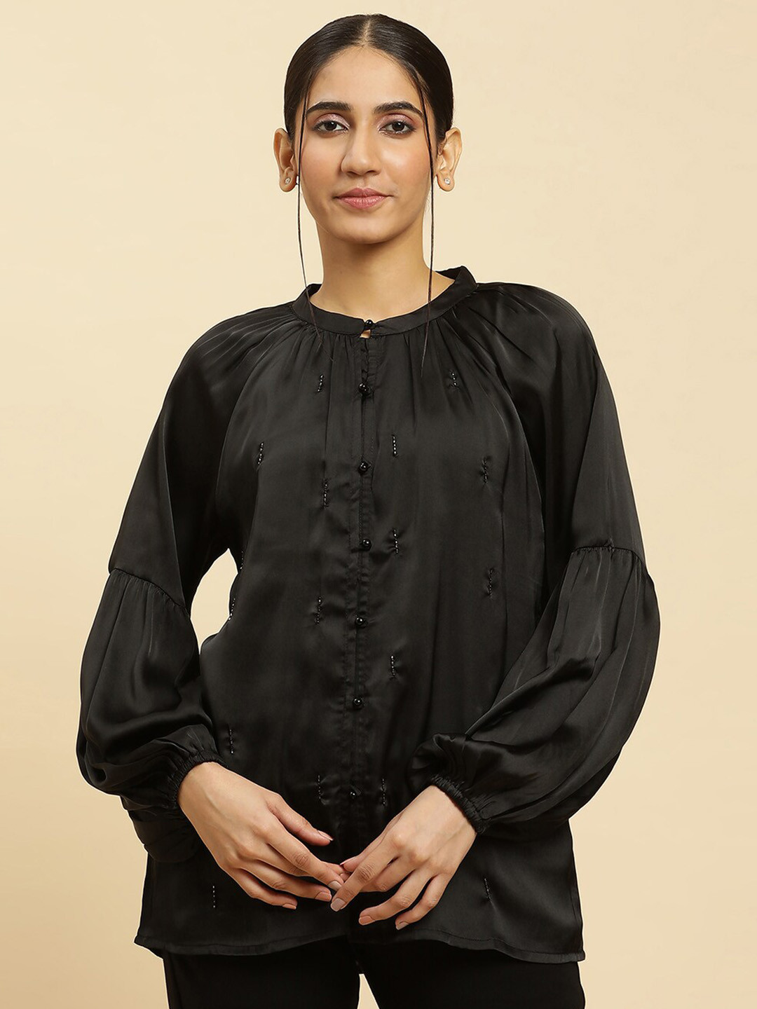 W Black Long Sleeves Embellished Top