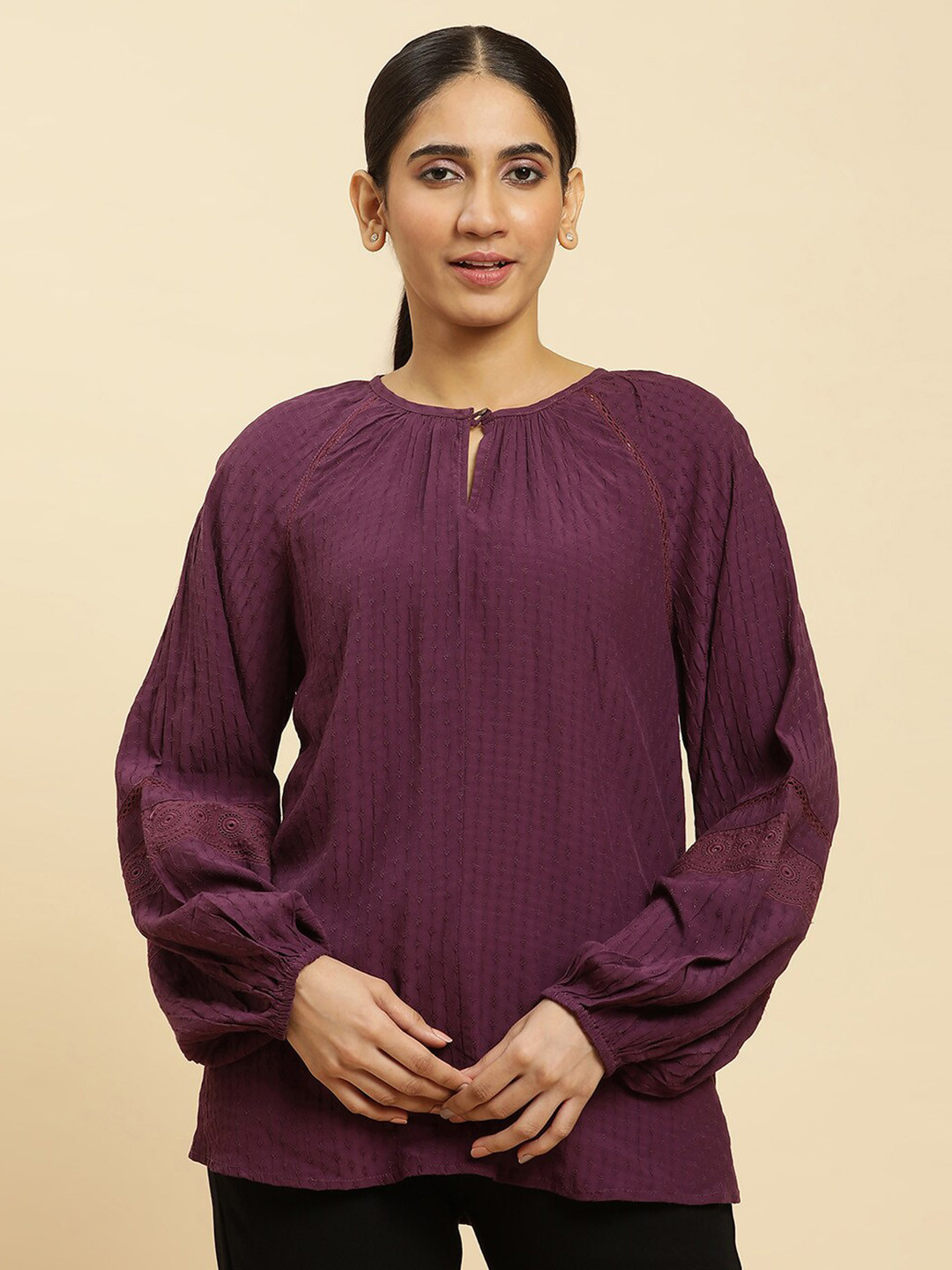 W Purple Self Designed Keyhole Neck Puff Sleeve Top