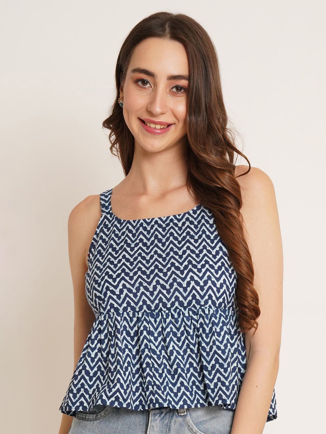 COTLAND FASHION Geometric Printed Cotton Peplum Top