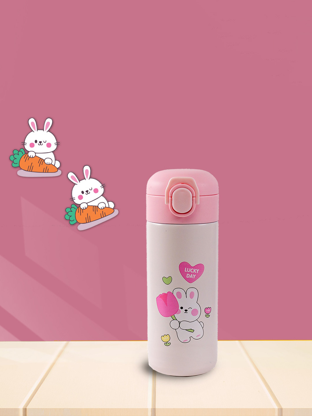 Yellow Bee Peach Coloured Bunny Thermos Printed Water Bottle - 480 ML