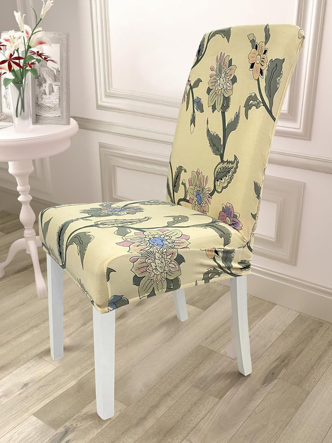 HOUSE OF QUIRK Beige & Green Printed Stretchable Removable Chair Cover