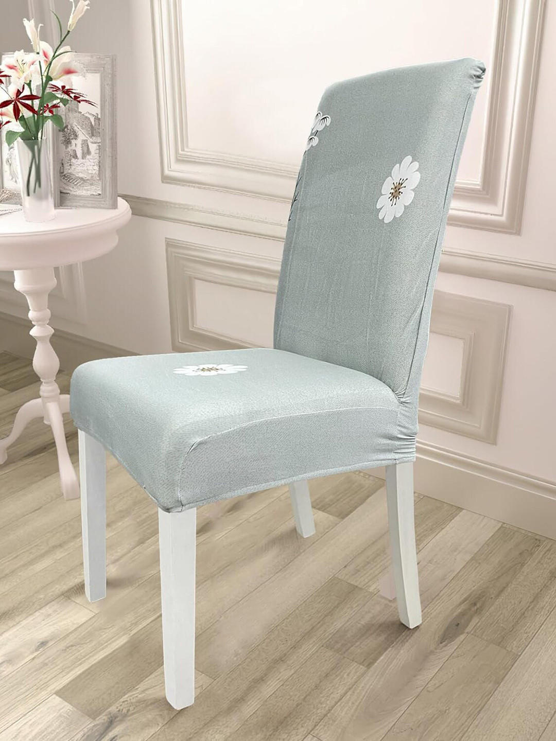 HOUSE OF QUIRK 4 Pieces Grey Floral Printed Stretchable Chair Covers