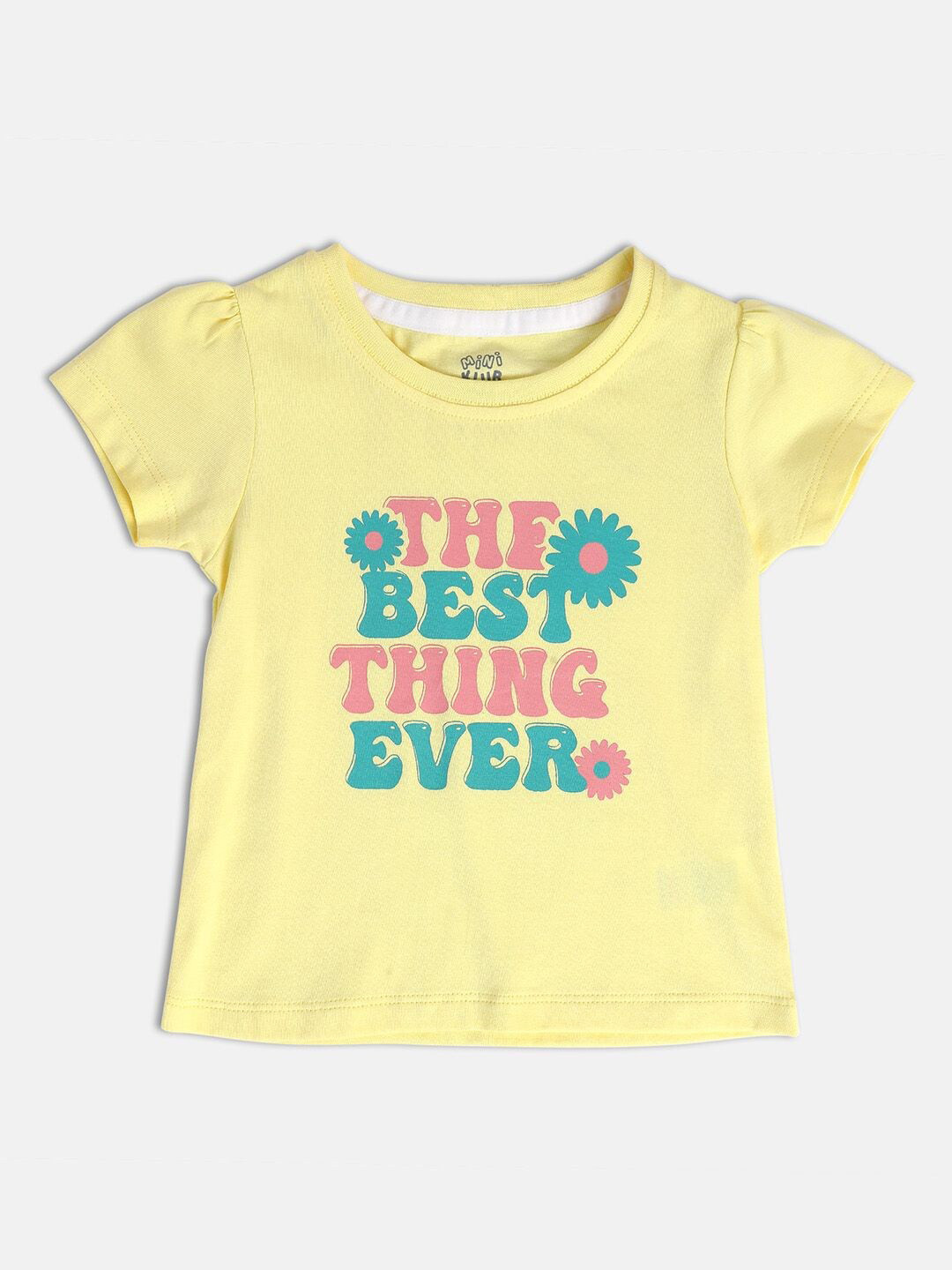 MINI KLUB Girls Typography Printed Round Neck Puff Sleeves Cotton Top