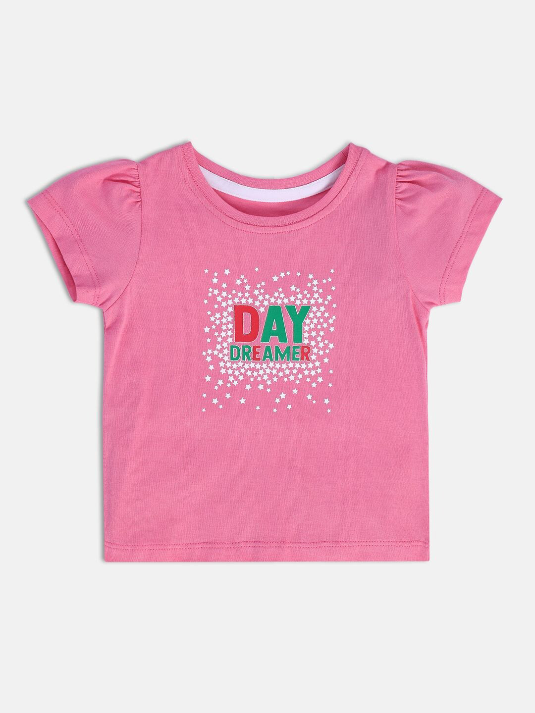 MINI KLUB Girls Typography Printed Round Neck Puff Sleeves Cotton Top