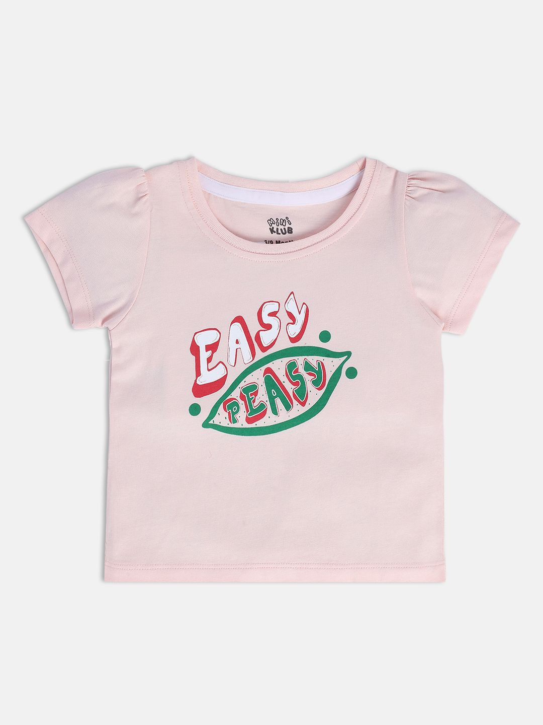 MINI KLUB Girls Typography Printed Round Neck Puff Sleeves Cotton Top