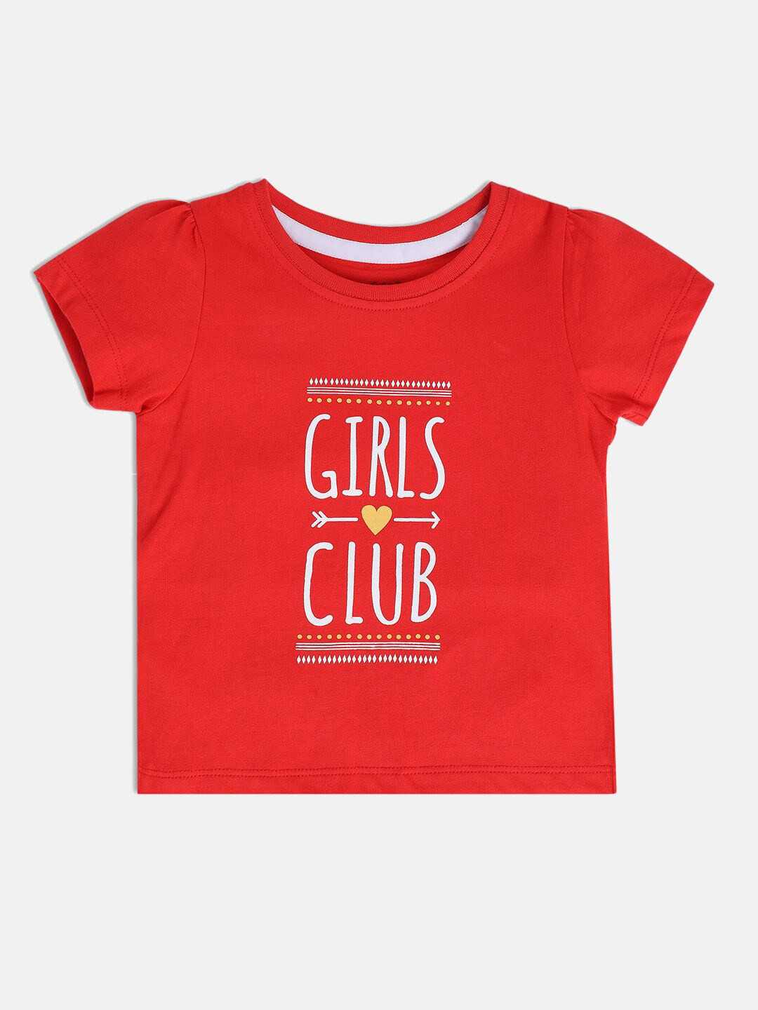 MINI KLUB Girls Typography Printed Round Neck Puff Sleeves Cotton Top