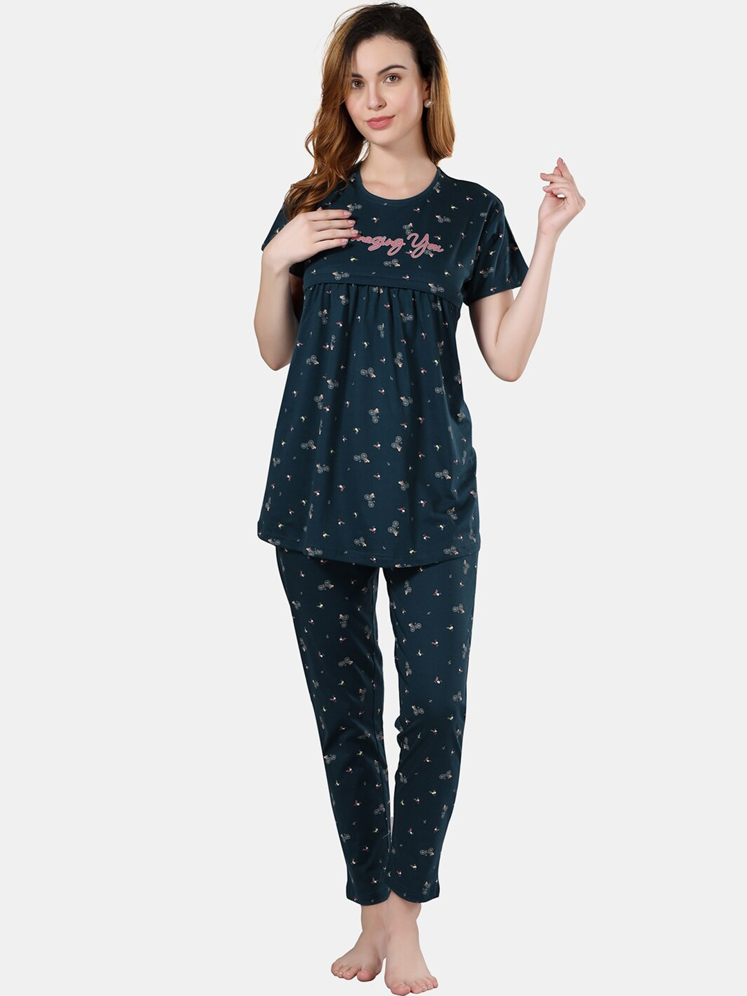 Fabme Printed Pure Cotton Longline Maternity Top & Trousers