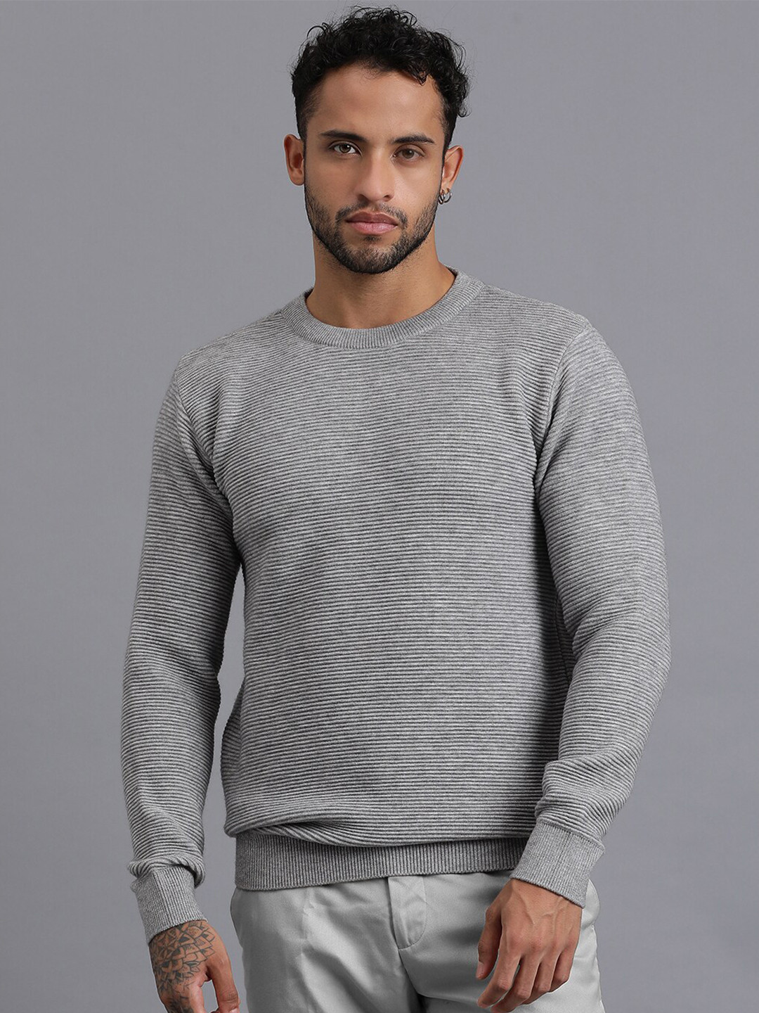 JAVINISHKA Cable Knitted Round Neck Woollen Pullover Sweater