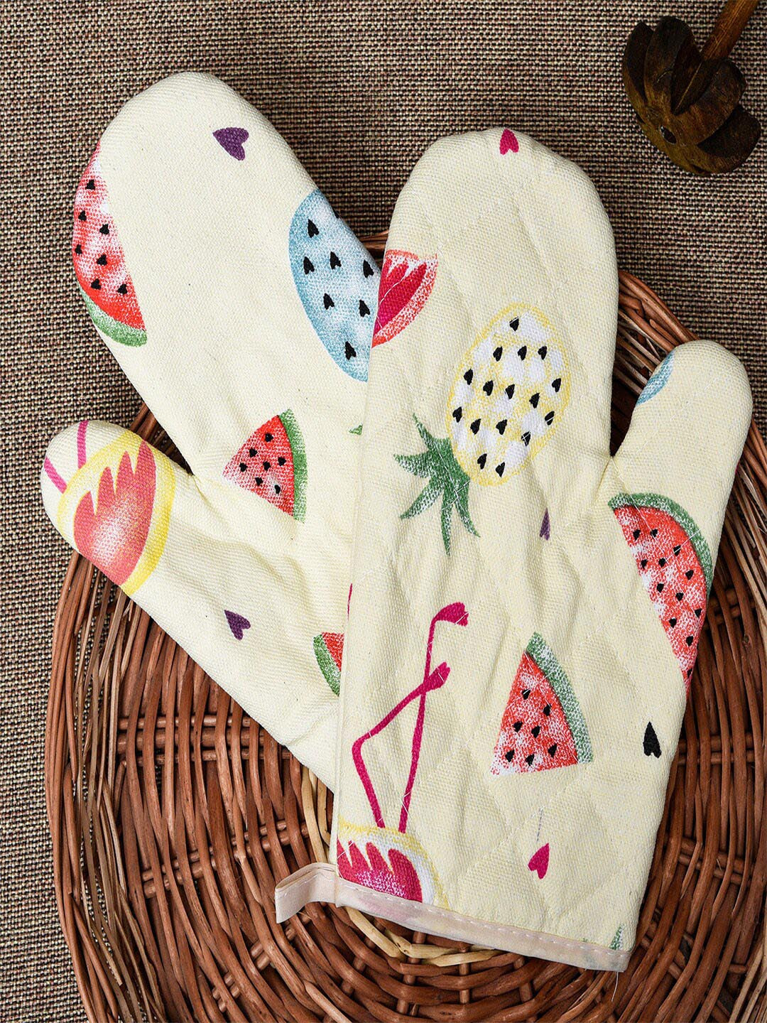 Kuber Industries Cream-Coloured Set Of 2 Printed Oven Mittens