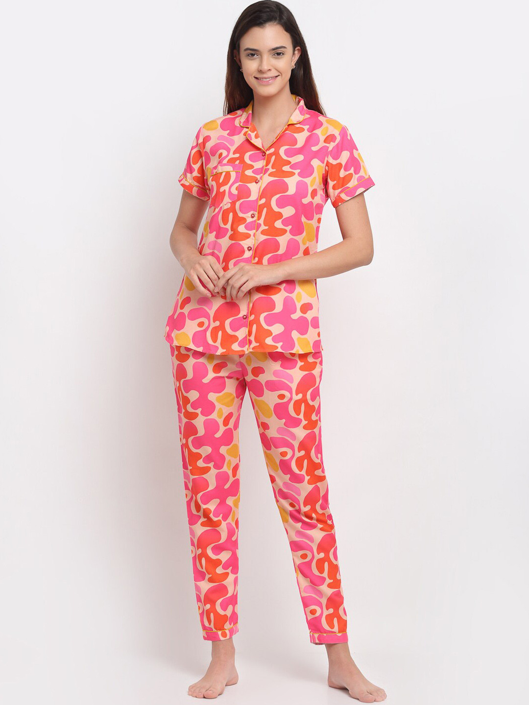 Aoba Pink & Orange Abstract Printed Night suit