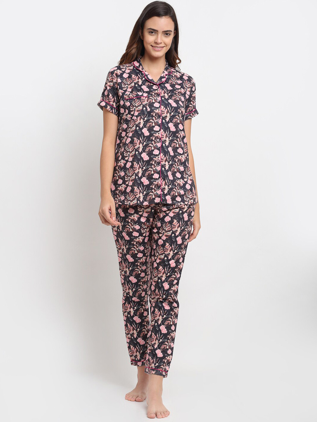 Aoba Black & Pink Floral Printed Night suit