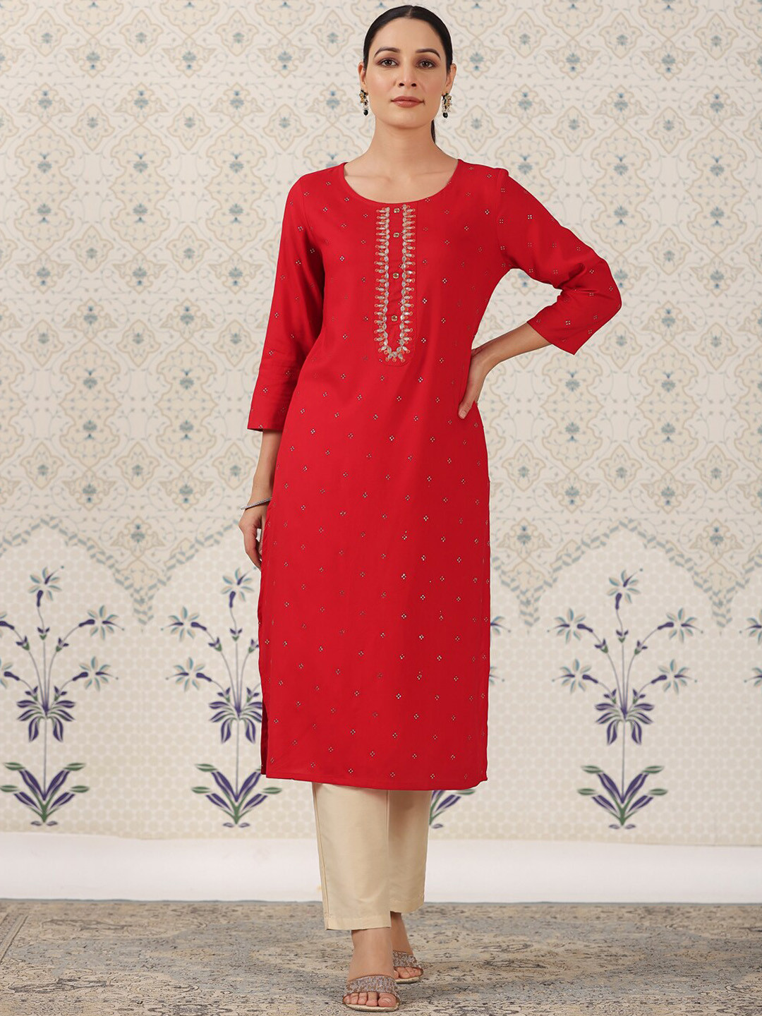 Ode by House of Pataudi Ethnic Motifs Printed Stone Work Kurta