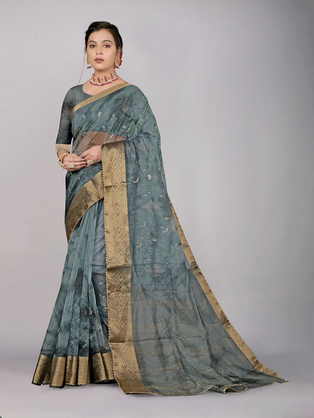 KAJREE Floral Embroidered Organza Jamdani Saree