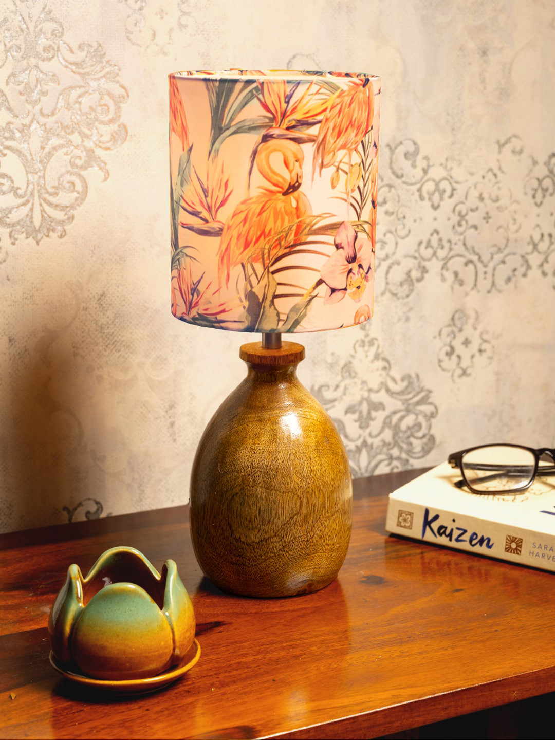 green girgit Brown & Pink Floral Printed Cylinder Shape Wooden Base Table Lamp