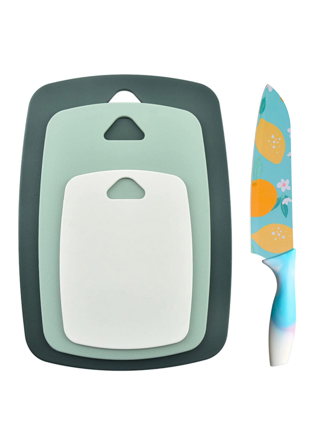 YELONA Blue & Yellow 4 Pieces Printed Chopping Board With Knife