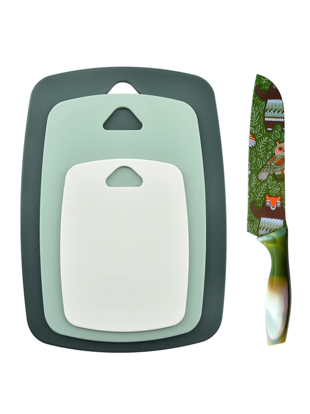 YELONA Green 3 Pieces Chopping Boards & Printed Knife With Cover