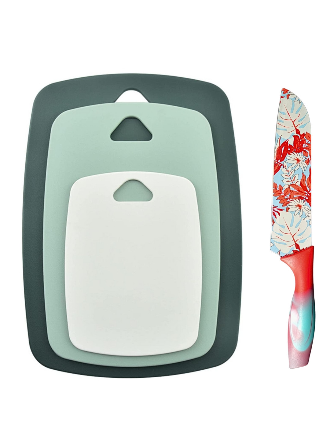 YELONA Green & Red 4 Pieces Chopping Boards & Printed Knife With Cover