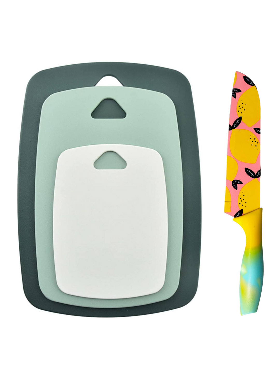 YELONA Green & Yellow 4 Pieces Chopping Boards & Printed Knife With Cover