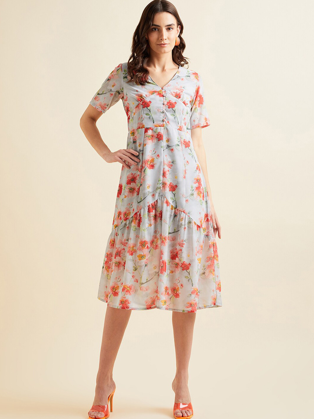 PANIT Grey & Orange Floral Printed V-Neck Georgette A-Line Dress