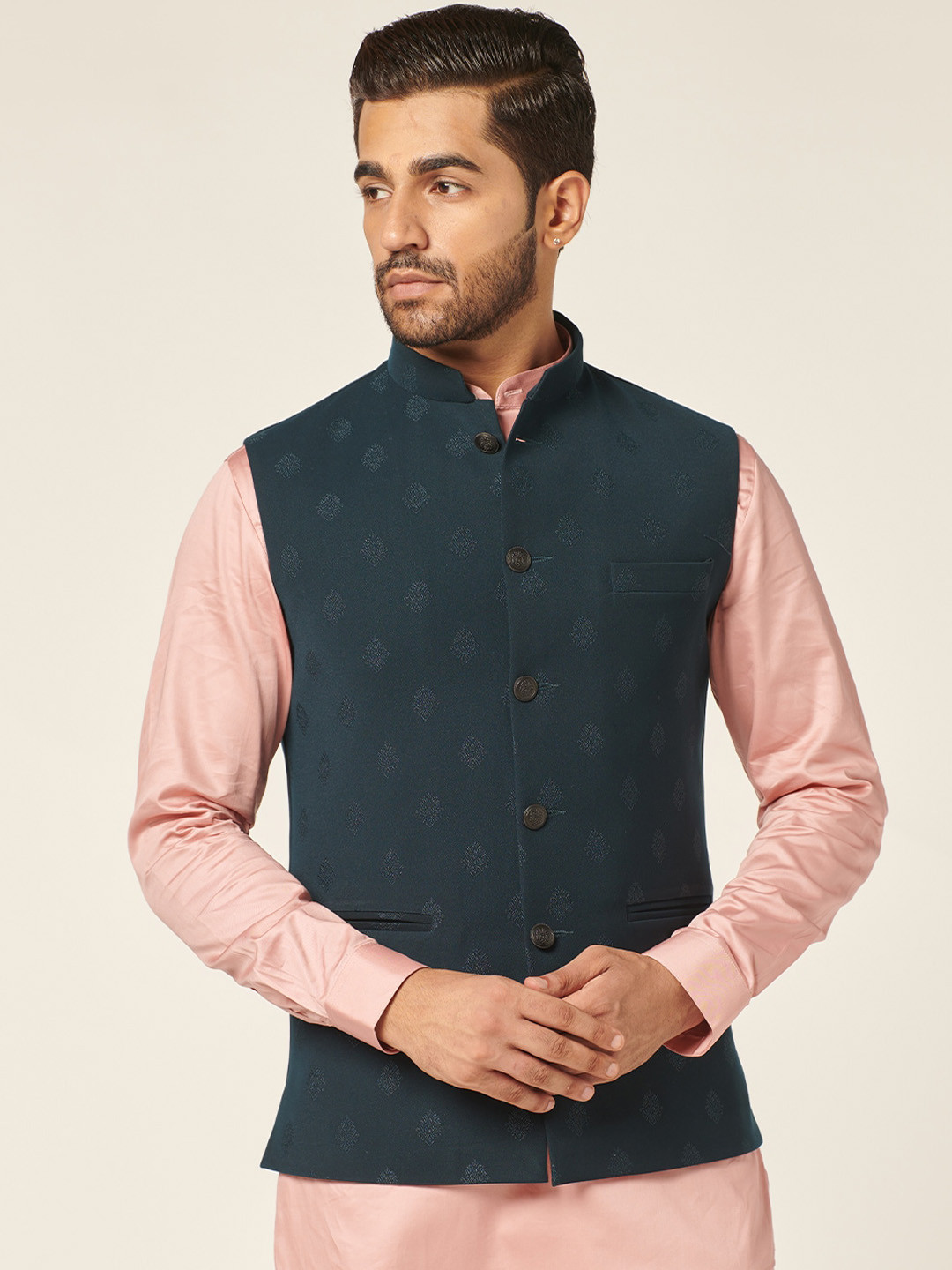 MR BUTTON Printed Velvet Nehru Jacket