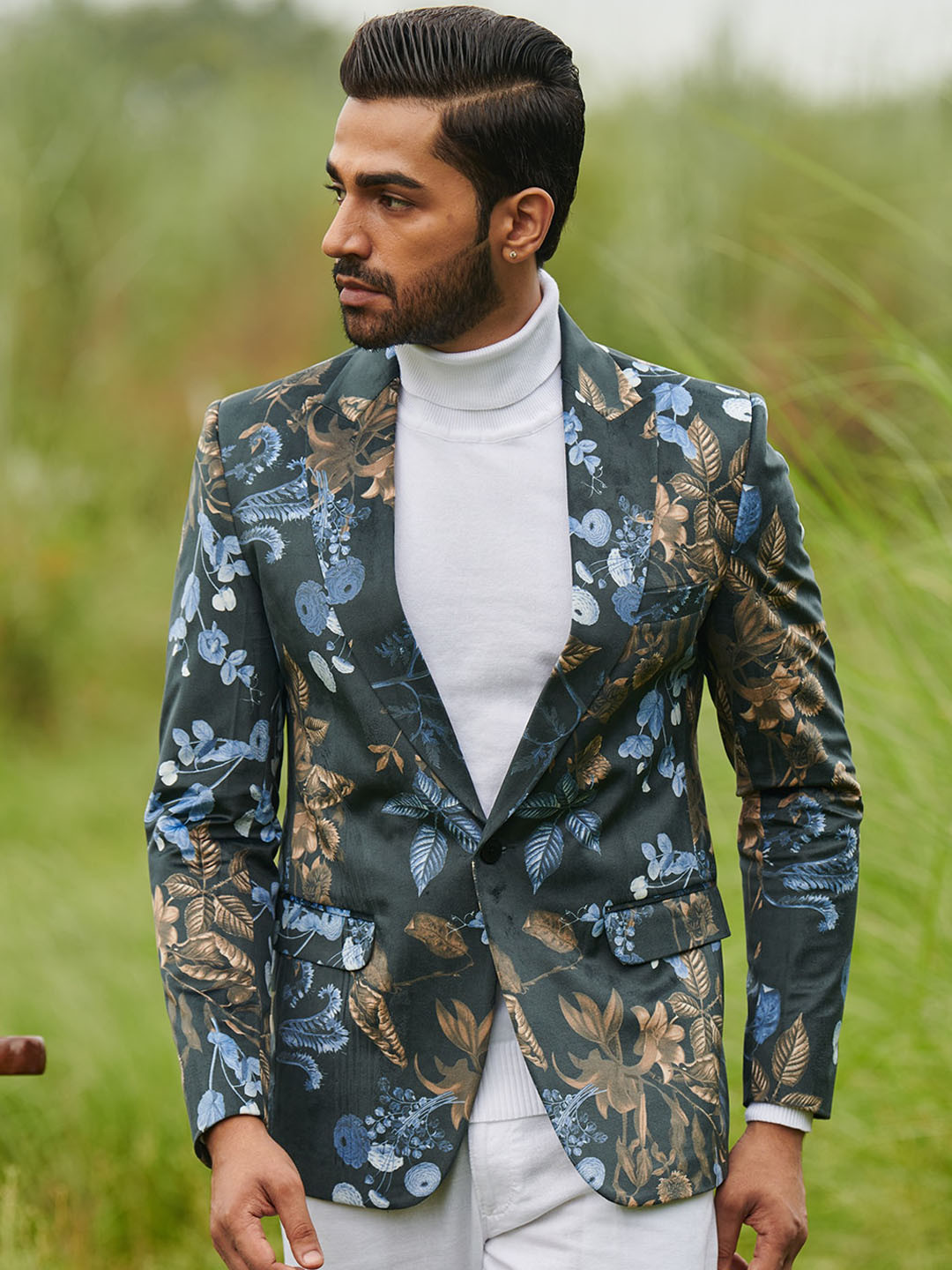 MR BUTTON Printed Slim-Fit Single-Breasted Casual Blazer