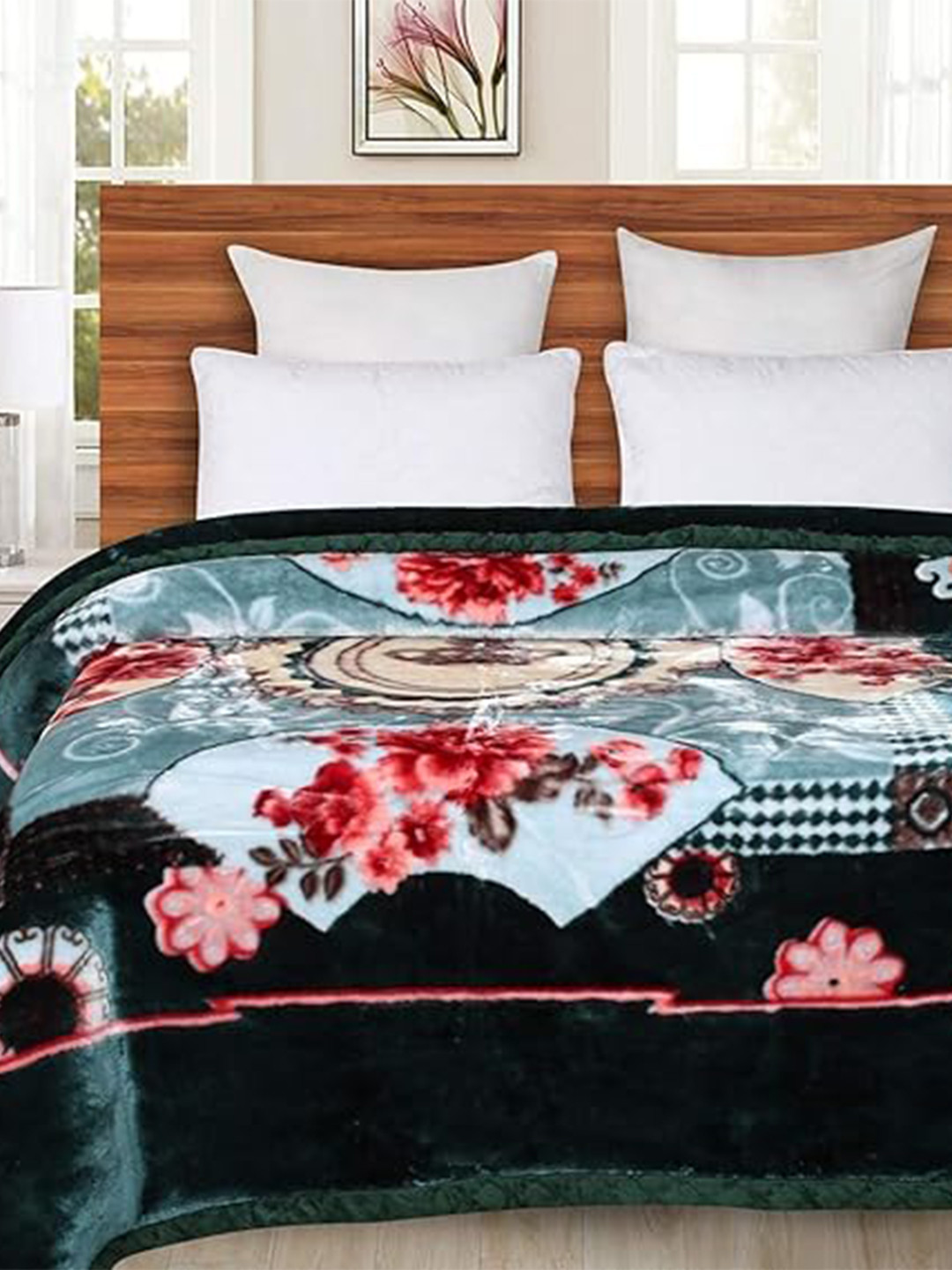 Signature Green & Red Floral Heavy Winter 210 GSM Double Bed Blanket
