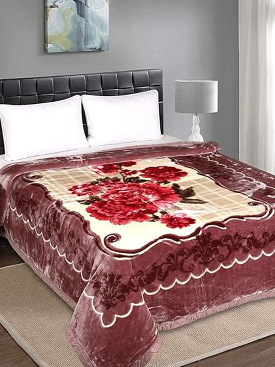 Signature Brown & Cream-Coloured Floral Heavy Winter 210 GSM Double Bed Blanket
