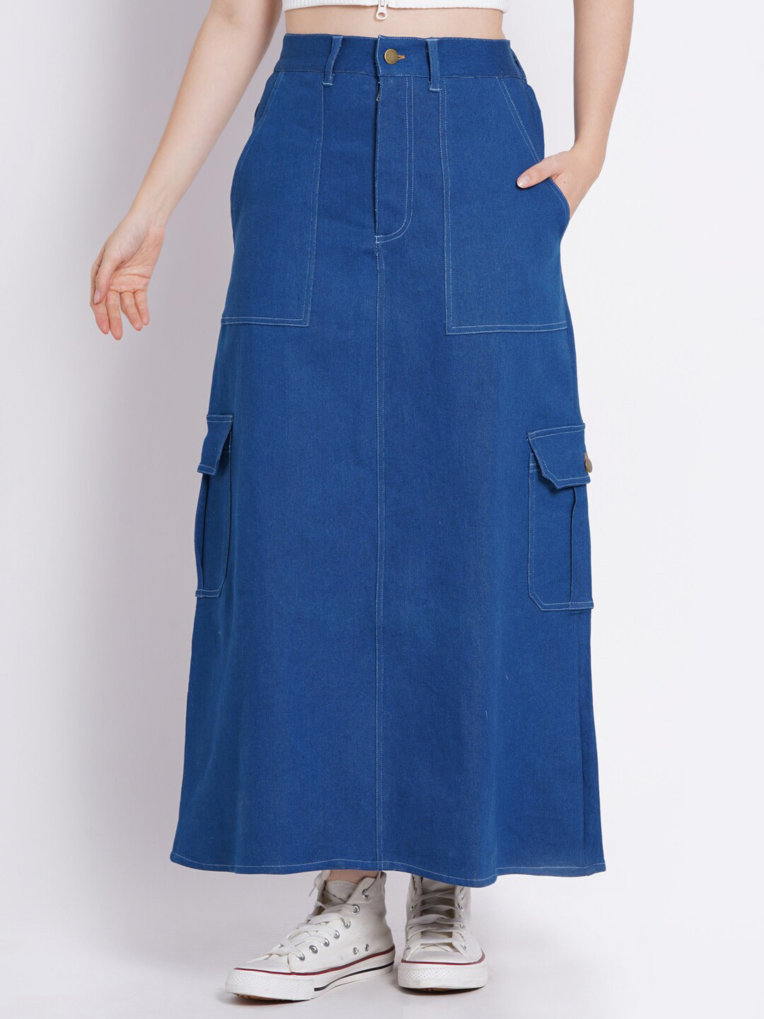 SUMAVI-FASHION Denim Corduroy Straight Maxi Skirt
