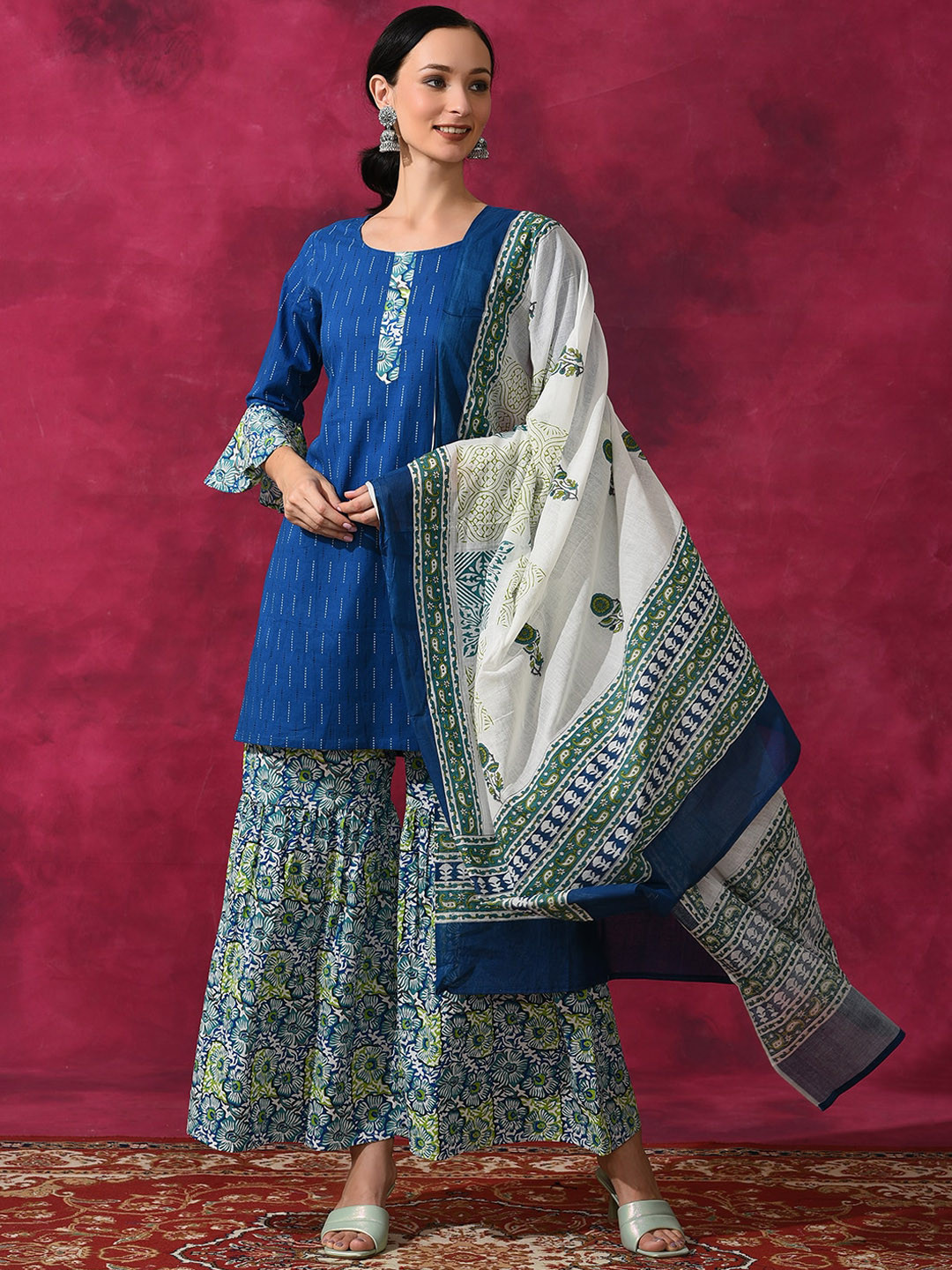 Anouk Blue Ethnic Motifs Printed Regular Pure Cotton Kurti with Sharara & Dupatta