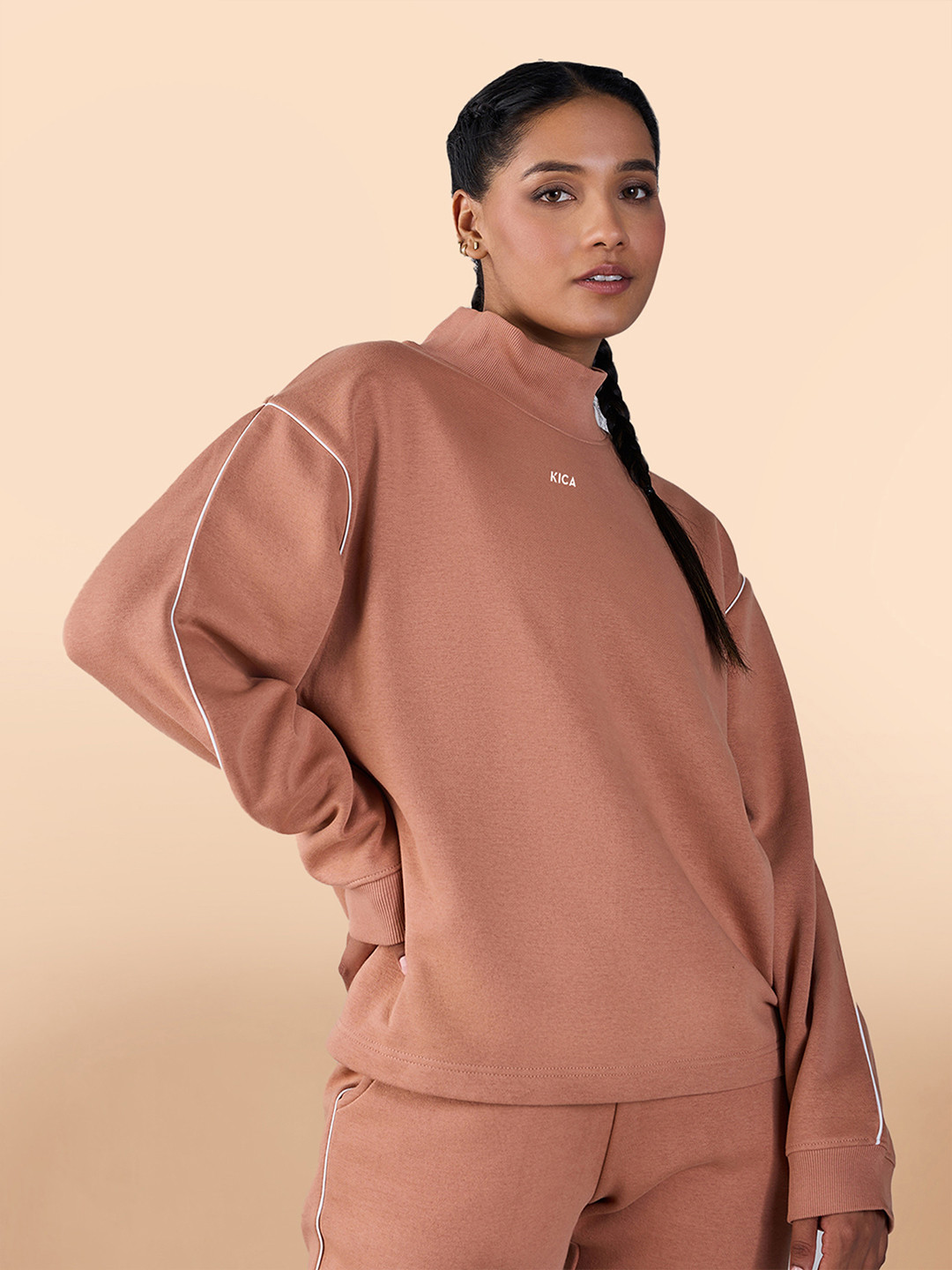 KICA High Neck Long Sleeves Piping Cotton Terry Pullover Sweatshirt