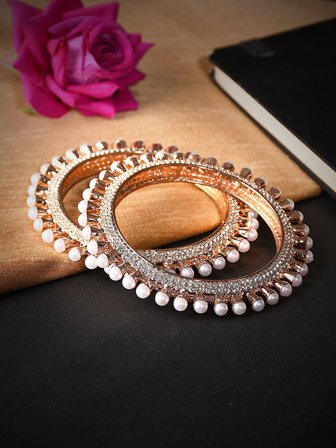 Bamboo Tree Jewels Set of 2 Rose Gold-Plated Crystal Studded Bangles