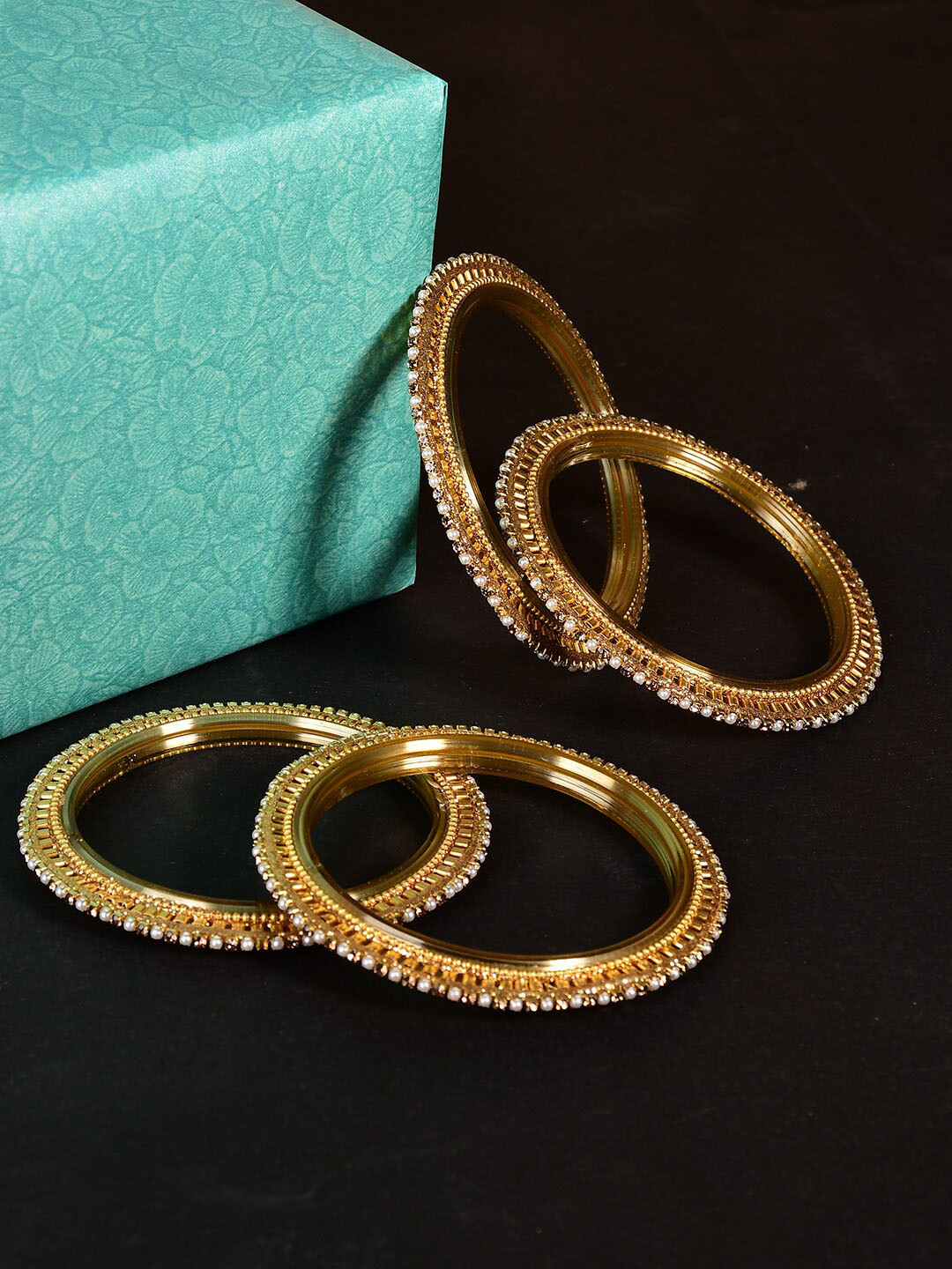 Bamboo Tree Jewels Set Of 4 Gold-Plated Crystals-Studded Bangles