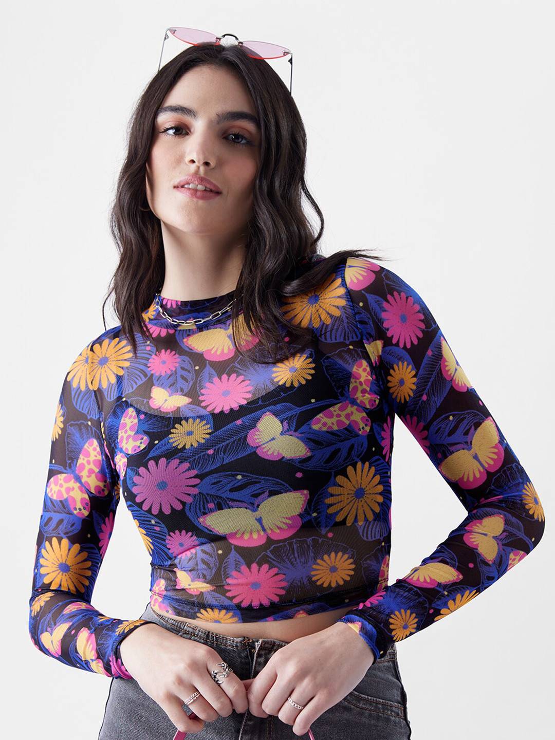 The Souled Store Blue Floral Printed Semi Sheer Fitted Crop Top