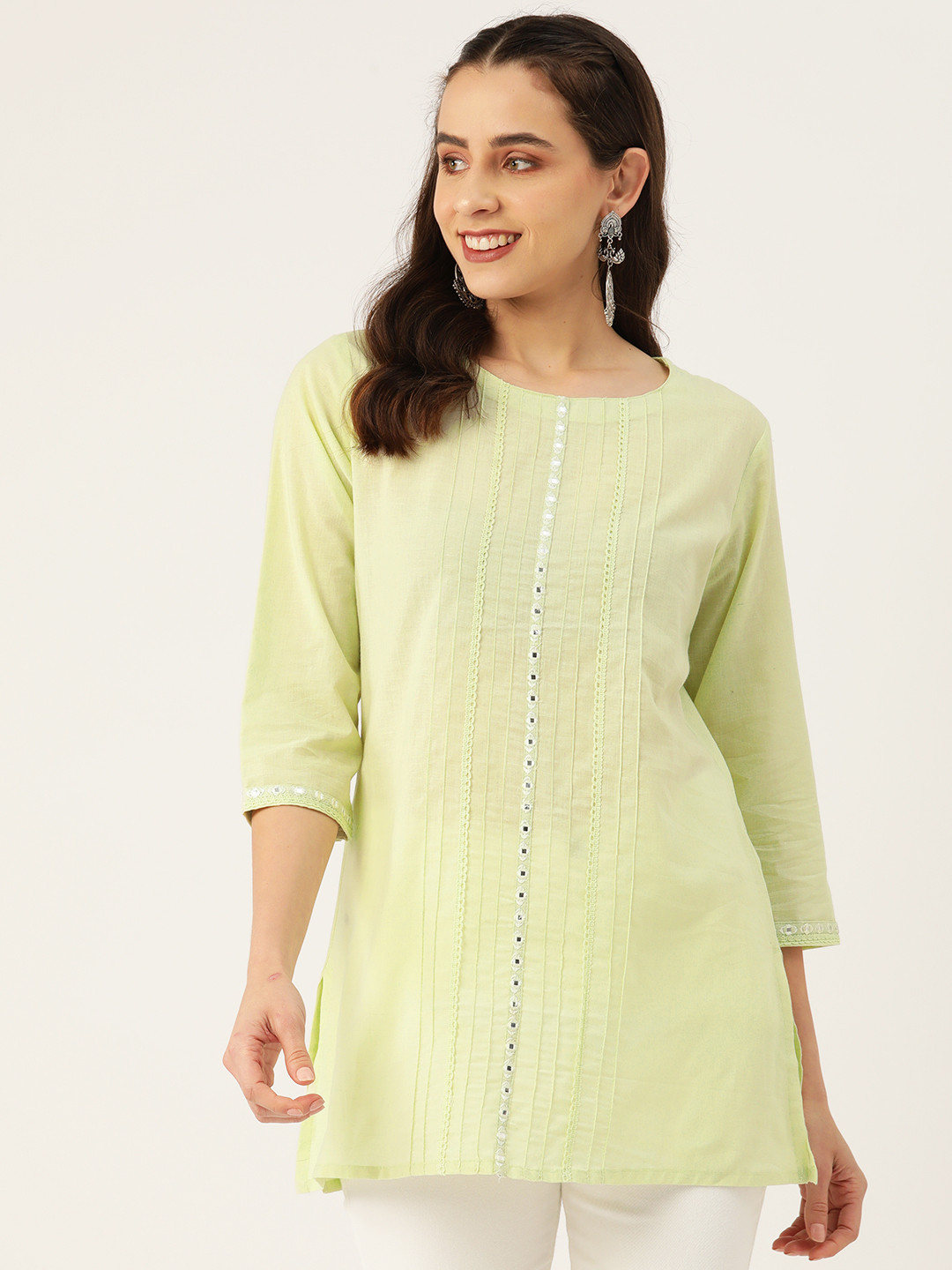 Rue Collection Mirror Work Pure Cotton Mirror Work Pleated Kurti