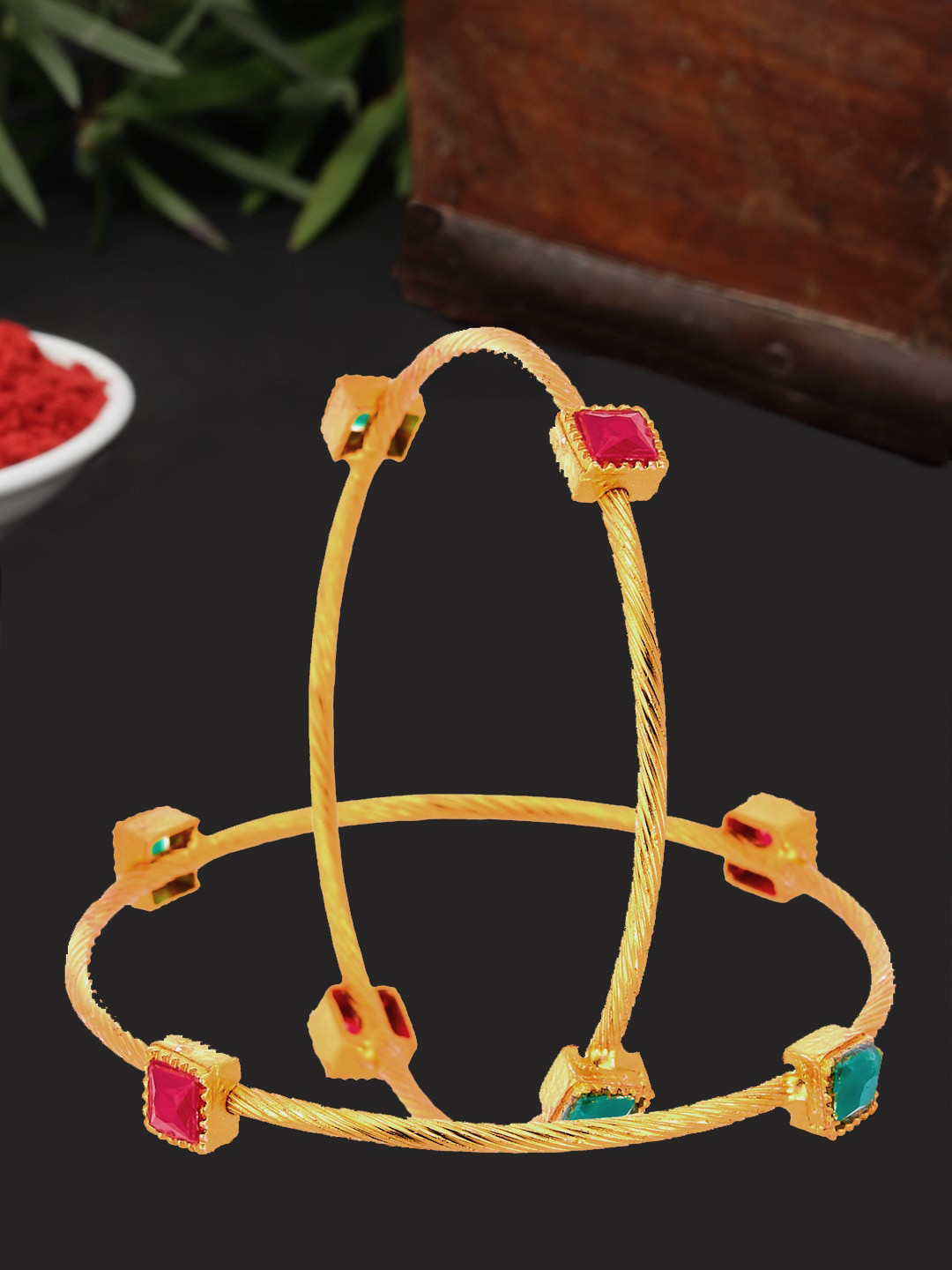 ZENEME Set Of 2 Gold-Plated Cubic Zirconia Studded Bangle