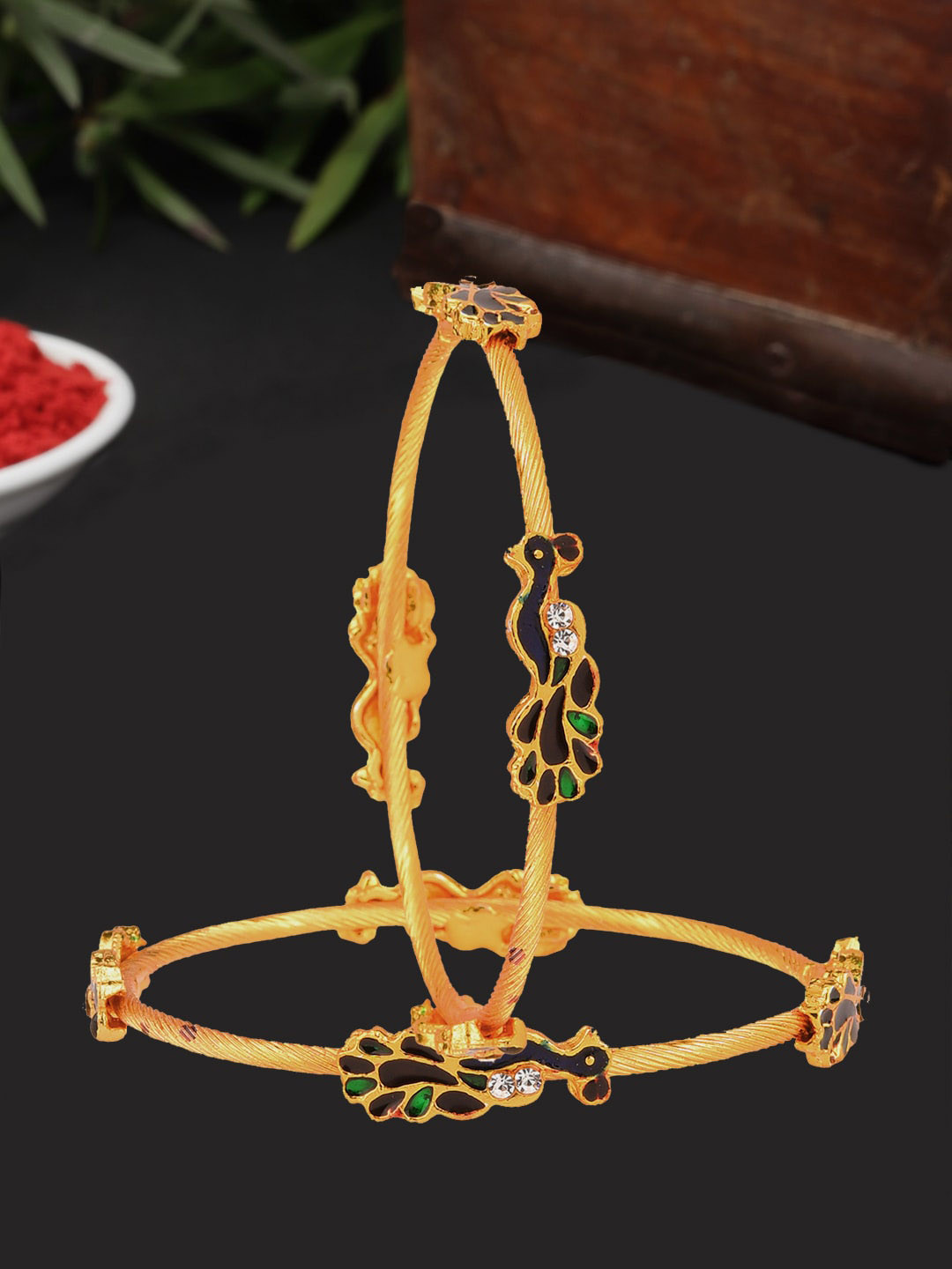ZENEME Set of 2 Gold-Plated CZ-Studded Peacock Design Bangles
