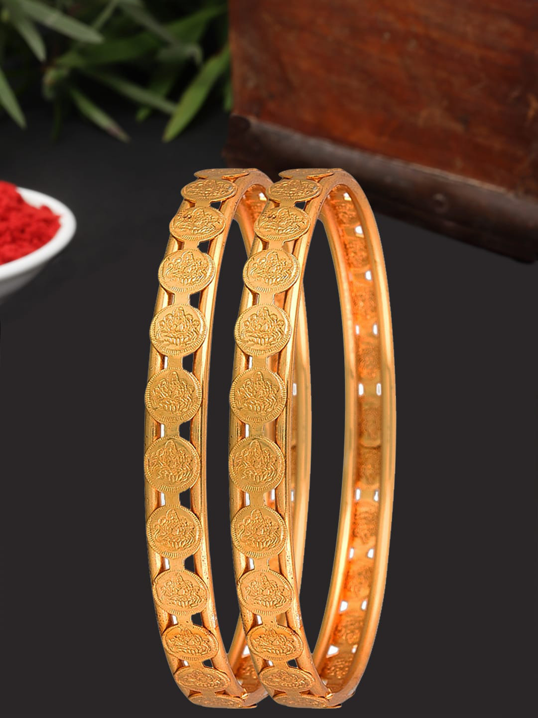 ZENEME Set of 2 Gold-Plated Mahalakshmi Temple Coin Detailed Bangles