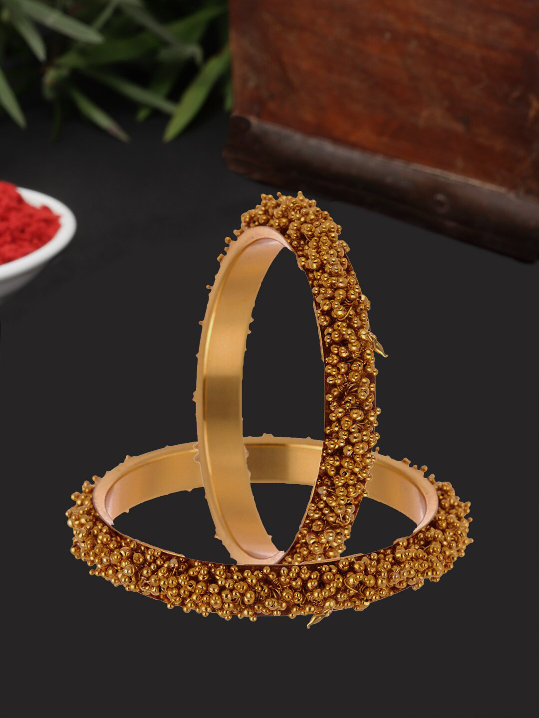 ZENEME Set Of 2Gold Plated Golden Pearl Studded Bangle