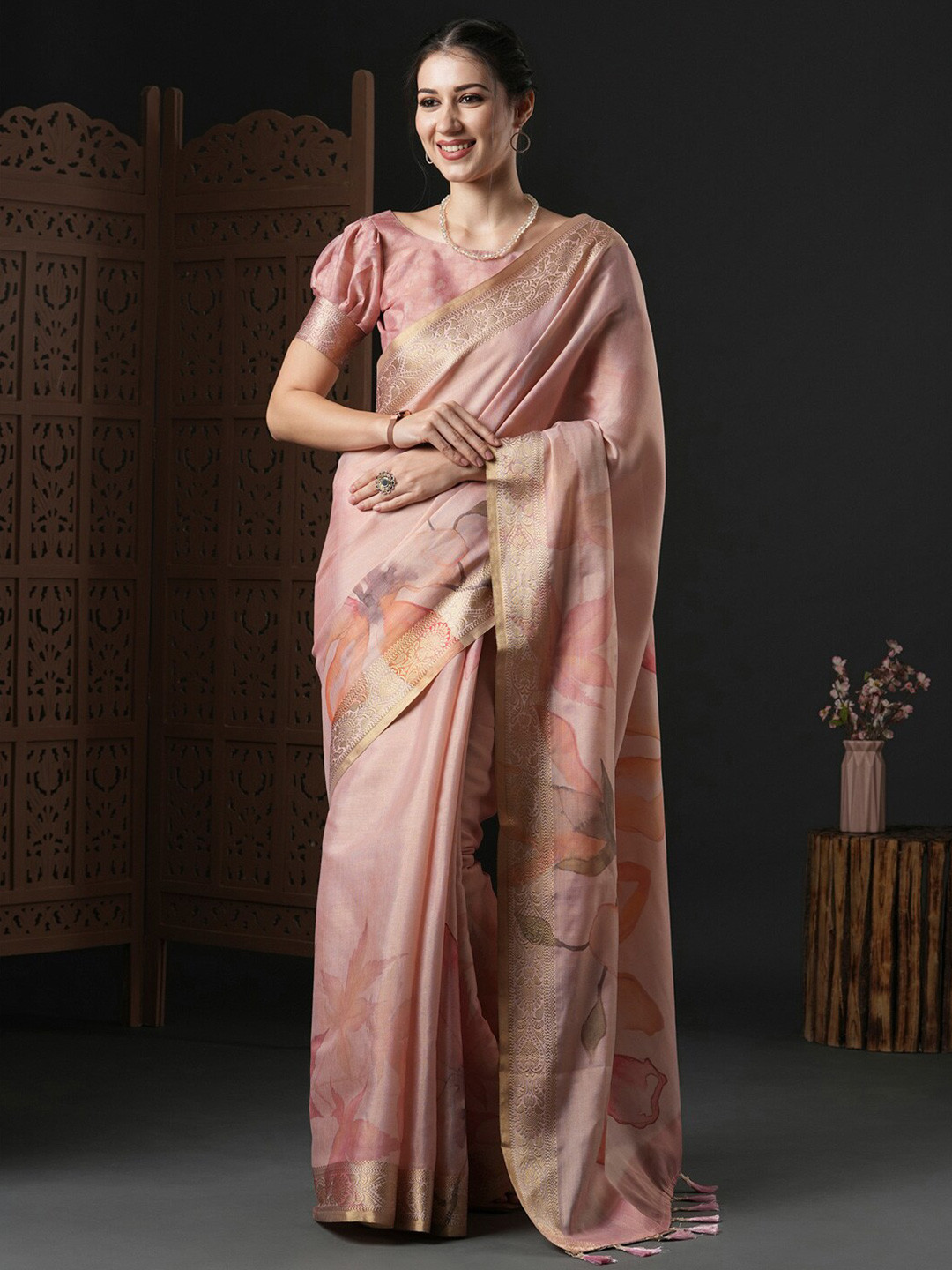 Anouk Pink & Orange Floral Printed Zari Kanjeevaram Saree