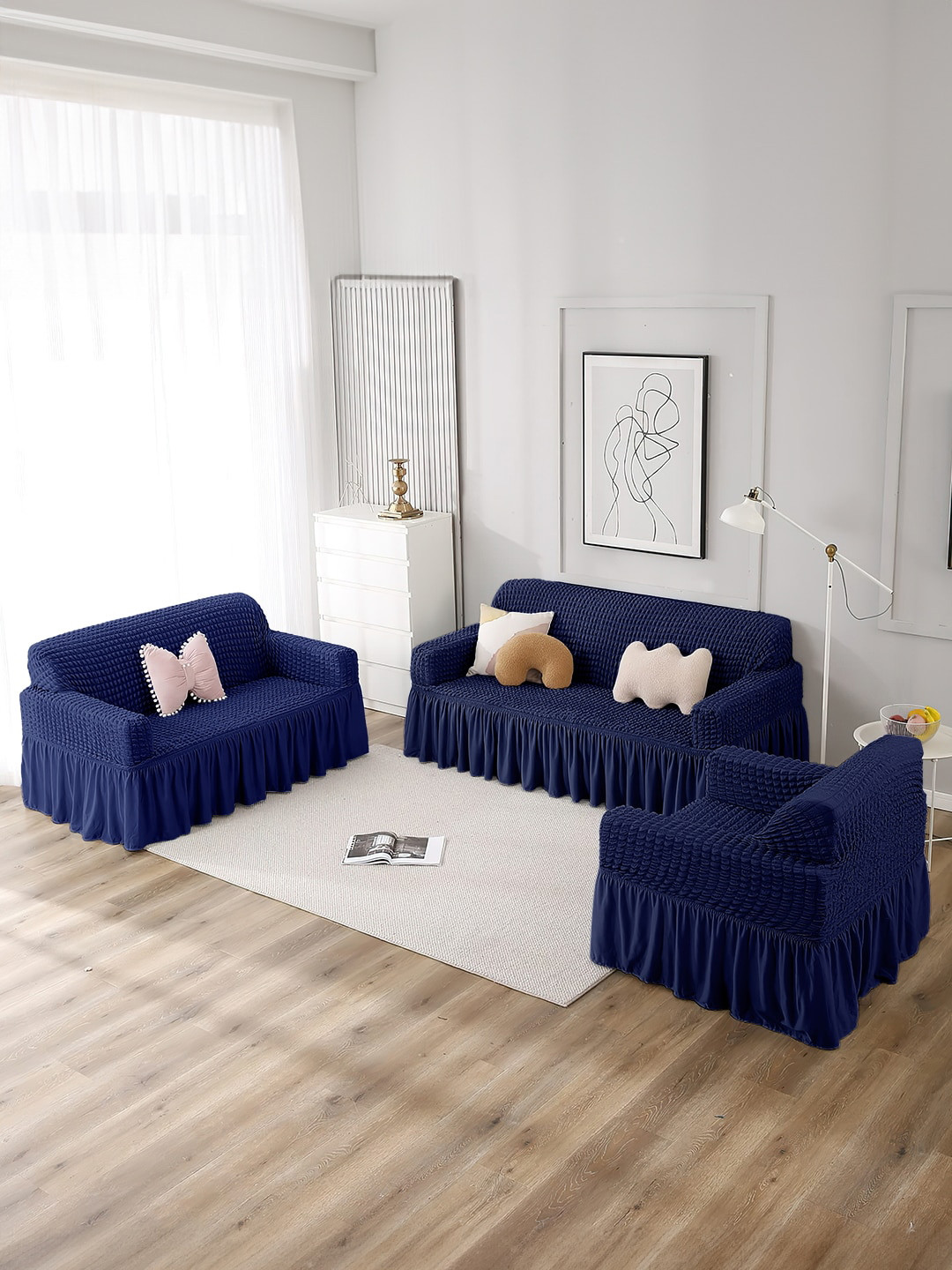 Cortina Navy Blue 3 Pieces Self-Design Three Seater & Single Seater Skirt Sofa cover